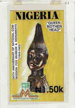 Nigeria 1993 Museum & Monuments - original hand-painted artwork for 1N50 value (Queen Mother Head) by Godrick N Osuji on card 5 x 8.75 endorsed C1, stamps on artefacts  monuments   museums    civil engineering      queen mother    royalty