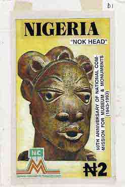 Nigeria 1993 Museum & Monuments - original hand-painted artwork for 2N value (Nok Head) by Godrick N Osuji on card 5 x 8.75 endorsed D1, stamps on , stamps on  stamps on artefacts  monuments   museums    civil engineering