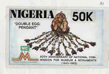 Nigeria 1993 Museum & Monuments - original hand-painted artwork for 50k value (Double Egg Pendant) by Godrick N Osuji on card 8.5 x 5 endorsed A1, stamps on , stamps on  stamps on artefacts    monuments    museums    civil engineering