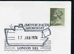 Postmark - Great Britain 1974 cover bearing illustrated cancellation for Motor Racing Showboat, stamps on ships, stamps on racing cars