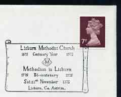 Postmark - Great Britain 1975 card bearing illustrated cancellation for Lisburn Methodist Church (showing Scallop shell), stamps on religion, stamps on shells, stamps on churches, stamps on marine life