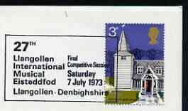 Postmark - Great Britain 1973 cover bearing special cancellation for 27th Llangollen International Musical Eisteddfod, stamps on music