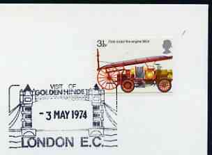 Postmark - Great Britain 1974 cover bearing illustrated cancellation for Visit of Golden Hinde to London (Showing Tower Bridge), stamps on , stamps on  stamps on ships, stamps on  stamps on london, stamps on  stamps on bridges