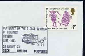 Postmark - Great Britain 1973 cover bearing illustrated cancellation for Centenary of Oldest Tramcar in Crich Tramway Museum, stamps on , stamps on  stamps on buses, stamps on  stamps on transport, stamps on  stamps on trams, stamps on  stamps on museums, stamps on  stamps on horses