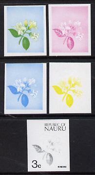 Nauru 1973 Plant (Rimone) 3c definitive (SG 101) set of 5 unmounted mint IMPERF progressive proofs on gummed paper (blue, magenta, yelow, black and blue & yellow), stamps on , stamps on  stamps on flowers