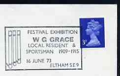 Postmark - Great Britain 1973 cover bearing illustrated cancellation for W G Grace Festival Exhibition, Eltham, stamps on sport, stamps on cricket