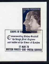 Postmark - Great Britain 1973 cover bearing special cancellation for Corps of Royal Engineers commemorating the builder of the Tower of London (BFPS), stamps on towers, stamps on militaria, stamps on london