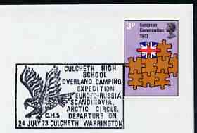 Postmark - Great Britain 1973 cover bearing illustrated cancellation for Culcheth High School Camping Expedition (showing an Eagle), stamps on camping, stamps on eagles, stamps on birds of prey
