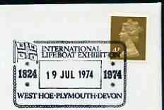 Postmark - Great Britain 1974 card bearing illustrated cancellation for International Lifeboat Exhibition (Plymouth), stamps on , stamps on  stamps on lifeboats, stamps on  stamps on rescue