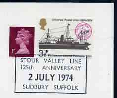 Postmark - Great Britain 1974 cover bearing special cancellation for 125th Anniversary of Stour Valley Line, stamps on railways