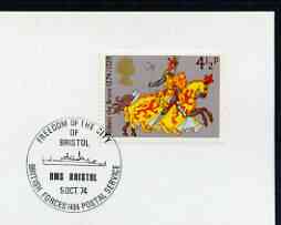 Postmark - Great Britain 1974 card bearing illustrated cancellation for HMS Bristol, Freedom of the City (BFPS), stamps on ships