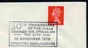 Postmark - Great Britain 1970 cover bearing special cancellation for 30th Anniversary of German attack on Coventry, stamps on militaria, stamps on  ww2 , stamps on 