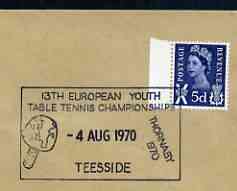 Postmark - Great Britain 1970 cover bearing illustrated cancellation for 13th European Youth Table Tennis Championship (Teeside), stamps on sport, stamps on table tennis