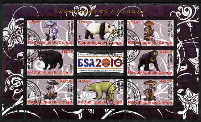 Congo 2010 Mushrooms & Fauna #01 perf sheetlet containing 8 values plus Scouts label fine cto used, stamps on , stamps on  stamps on fungi, stamps on  stamps on scouts, stamps on  stamps on animals, stamps on  stamps on bears, stamps on  stamps on 