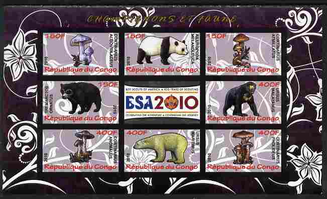 Congo 2010 Mushrooms & Fauna #01 imperf sheetlet containing 8 values plus Scouts label unmounted mint, stamps on fungi, stamps on scouts, stamps on animals, stamps on bears, stamps on 