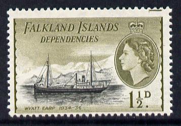 Falkland Islands Dependencies 1954-62 Ships 1.5d Wyatt Earp the scarce De La Rue printing unmounted mint, SG G28a*, stamps on , stamps on  stamps on ships