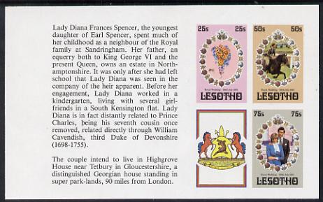 Lesotho 1981 Royal Wedding set of 3 (plus label) in unmounted mint imperf booklet pane (SG 451b), stamps on , stamps on  stamps on royalty, stamps on  stamps on diana, stamps on  stamps on charles, stamps on  stamps on 