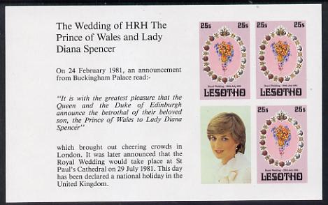 Lesotho 1981 Royal Wedding 25s x 3 (plus label) in unmounted mint imperf booklet pane (SG 451a), stamps on , stamps on  stamps on royalty, stamps on  stamps on diana, stamps on  stamps on charles, stamps on  stamps on 