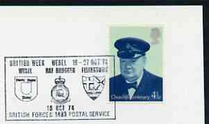 Postmark - Great Britain 1974 card bearing illustrated cancellation for British Week, RAF Bruggen (BFPS), stamps on , stamps on  stamps on arms, stamps on  stamps on heraldry , stamps on  stamps on  raf , stamps on  stamps on 