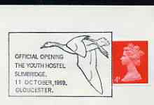 Postmark - Great Britain 1969 cover bearing illustrated cancellation for Official Opening of Youth Hostel, Slimbridge (illustrated with a Swan), stamps on youth, stamps on hotels, stamps on swans, stamps on birds