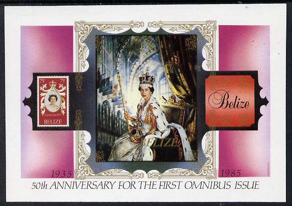 Belize 1985 The Queen (50th Anniversary of Omnibus) $5 unmounted mint imperf m/sheet (SG MS 845), stamps on royalty, stamps on stamp on stamp, stamps on stamponstamp