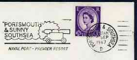 Postmark - Great Britain 1967 cover bearing illustrated slogan cancellation for 'Portsmouth & Sunny Southsea, Naval Port - Premier resort' (showing a cannon), stamps on , stamps on  stamps on ships, stamps on  stamps on ports, stamps on  stamps on militaria, stamps on  stamps on cannons