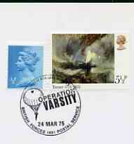 Postmark - Great Britain 1975 card bearing illustrated cancellation for 30th Anniversary of Operation Varsity (BFPS) showing a parachute, stamps on militaria, stamps on parachutes, stamps on  ww2 , stamps on 