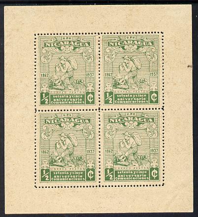 Nicaragua 1937 75th Anniversary of Postal Administration 1/2c green Letter Carrier perf sheetlet containing 4 values without gum (as issued) mounted in margins, as SG904