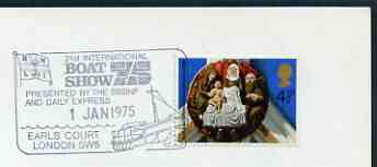 Postmark - Great Britain 1975 card bearing illustrated cancellation for 21st International Boat Show, Earls Court (showing Lifeboat), stamps on ships, stamps on yachts, stamps on lifeboats