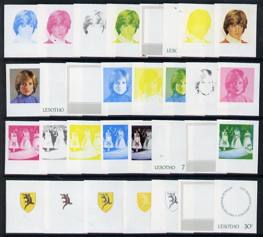 Lesotho 1982 Princess Dis 21st Birthday set of 4, each in imperf progressive proofs comprising the 5 (or 6) individual colours plus 2 different combination composites, sc..., stamps on royalty    diana