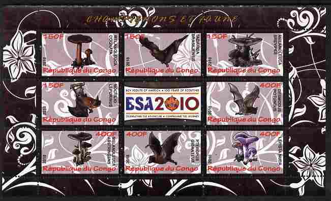 Congo 2010 Mushrooms & Fauna #02 perf sheetlet containing 8 values plus Scouts label unmounted mint, stamps on , stamps on  stamps on fungi, stamps on  stamps on scouts, stamps on  stamps on animals, stamps on  stamps on bats, stamps on  stamps on mammals