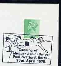 Postmark - Great Britain 1975 card bearing illustrated cancellation for Opening of Meriden School Pool, stamps on swimming