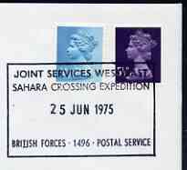Postmark - Great Britain 1975 card bearing illustrated cancellation for Joint Services Sahara Crossing Expedition (BFPS), stamps on militaria, stamps on 
