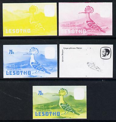 Lesotho 1982 Hoopoe 75s the set of 5 imperf progressive proofs comprising the 4 individual colours, plus blue & yellow, scarce (as SG 510), stamps on birds    hoopoe