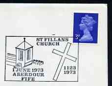 Postmark - Great Britain 1973 cover bearing illustrated cancellation for St Fillans Church, stamps on churches, stamps on saints