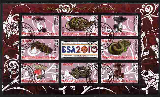 Congo 2010 Mushrooms & Fauna #03 perf sheetlet containing 8 values plus Scouts label fine cto used, stamps on fungi, stamps on scouts, stamps on animals, stamps on reptiles, stamps on snakes