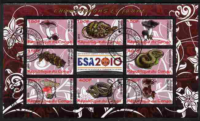 Congo 2010 Mushrooms & Fauna #03 perf sheetlet containing 8 values plus Scouts label fine cto used, stamps on , stamps on  stamps on fungi, stamps on  stamps on scouts, stamps on  stamps on animals, stamps on  stamps on reptiles, stamps on  stamps on snakes