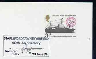 Postmark - Great Britain 1974 card bearing illustrated cancellation for Stapleford Tawney Airfield, 40th Anniversary, stamps on , stamps on  stamps on aviation, stamps on  stamps on airports