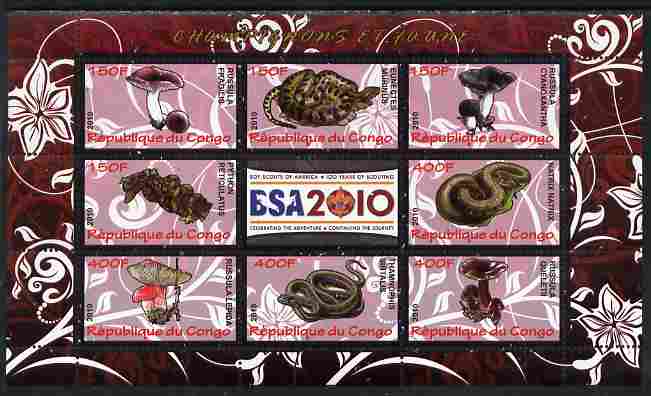 Congo 2010 Mushrooms & Fauna #03 perf sheetlet containing 8 values plus Scouts label unmounted mint, stamps on fungi, stamps on scouts, stamps on animals, stamps on reptiles, stamps on snakes