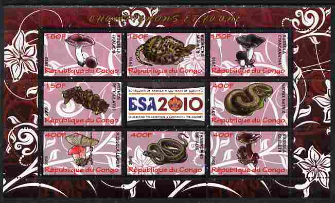 Congo 2010 Mushrooms & Fauna #03 perf sheetlet containing 8 values plus Scouts label unmounted mint, stamps on , stamps on  stamps on fungi, stamps on  stamps on scouts, stamps on  stamps on animals, stamps on  stamps on reptiles, stamps on  stamps on snakes