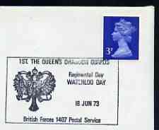Postmark - Great Britain 1973 cover bearing illustrated cancellation for the Queen's Dragoon Guards, Waterloo Day (BFPS), stamps on militaria, stamps on battles
