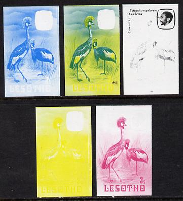 Lesotho 1982 Crowned Crane 3s the set of 5 imperf progressive proofs comprising the 4 individual colours, plus blue & yellow, scarce (as SG 502), stamps on , stamps on  stamps on birds     crane