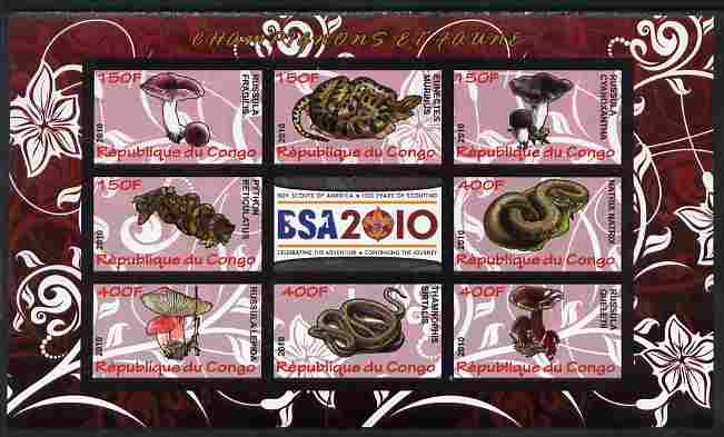 Congo 2010 Mushrooms & Fauna #03 imperf sheetlet containing 8 values plus Scouts label unmounted mint, stamps on fungi, stamps on scouts, stamps on animals, stamps on reptiles, stamps on snakes