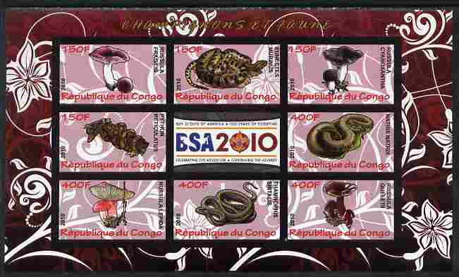 Congo 2010 Mushrooms & Fauna #03 imperf sheetlet containing 8 values plus Scouts label unmounted mint, stamps on , stamps on  stamps on fungi, stamps on  stamps on scouts, stamps on  stamps on animals, stamps on  stamps on reptiles, stamps on  stamps on snakes