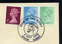 Postmark - Great Britain 1978 cover bearing illustrated cancellation for 'Home of the Derby' Epsom, stamps on sport, stamps on horses, stamps on horse racing