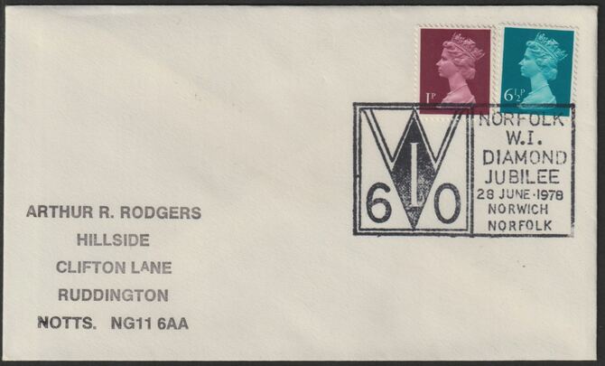 Postmark - Great Britain 1978 cover bearing illustrated cancellation for Norfolk Womens Institute Diamond Jubilee, stamps on women, stamps on wi, stamps on women