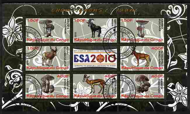 Congo 2010 Mushrooms & Fauna #04 perf sheetlet containing 8 values plus Scouts label fine cto used, stamps on , stamps on  stamps on fungi, stamps on  stamps on scouts, stamps on  stamps on animals, stamps on  stamps on ovine, stamps on  stamps on antelope