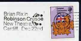 Postmark - Great Britain 1973 cover bearing illustrated slogan cancellation for Brian Rix in Robinson Crusoe at New Theatre, Cardiff, stamps on entertainments, stamps on theatres, stamps on scots, stamps on scotland
