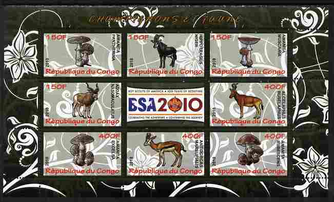 Congo 2010 Mushrooms & Fauna #04 perf sheetlet containing 8 values plus Scouts label unmounted mint, stamps on fungi, stamps on scouts, stamps on animals, stamps on ovine, stamps on antelope