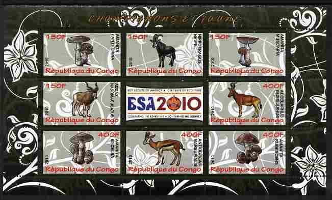 Congo 2010 Mushrooms & Fauna #04 perf sheetlet containing 8 values plus Scouts label unmounted mint, stamps on , stamps on  stamps on fungi, stamps on  stamps on scouts, stamps on  stamps on animals, stamps on  stamps on ovine, stamps on  stamps on antelope